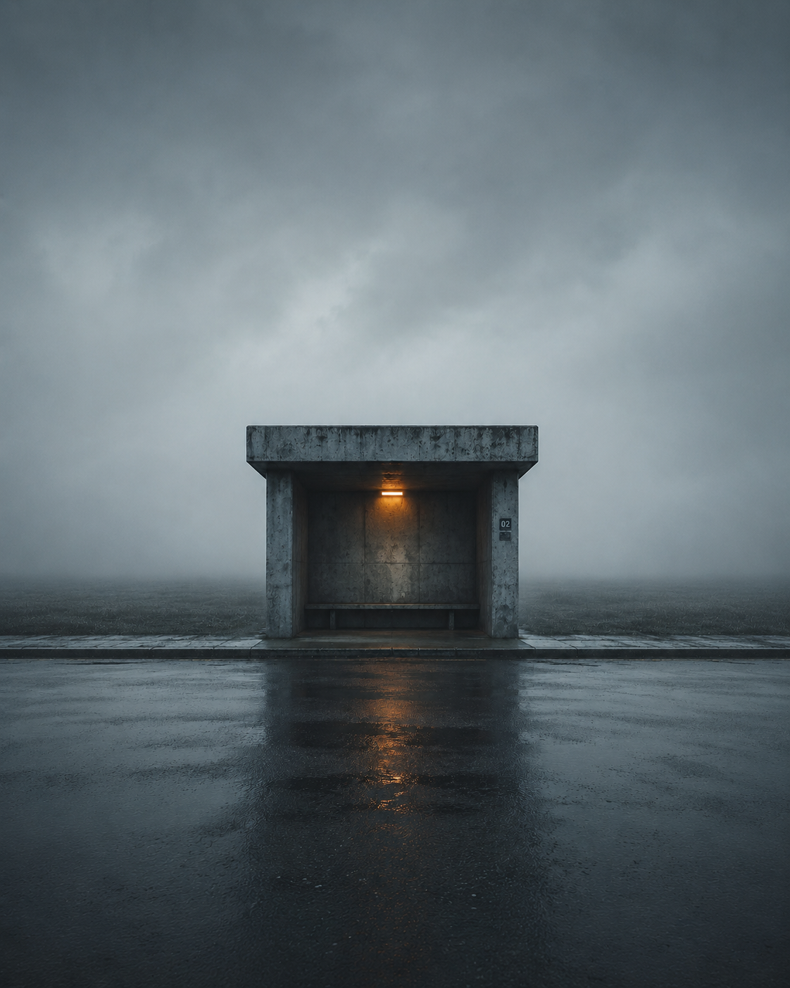 Leere Bushaltestelle im Nebel aus der Serie Silent Structures